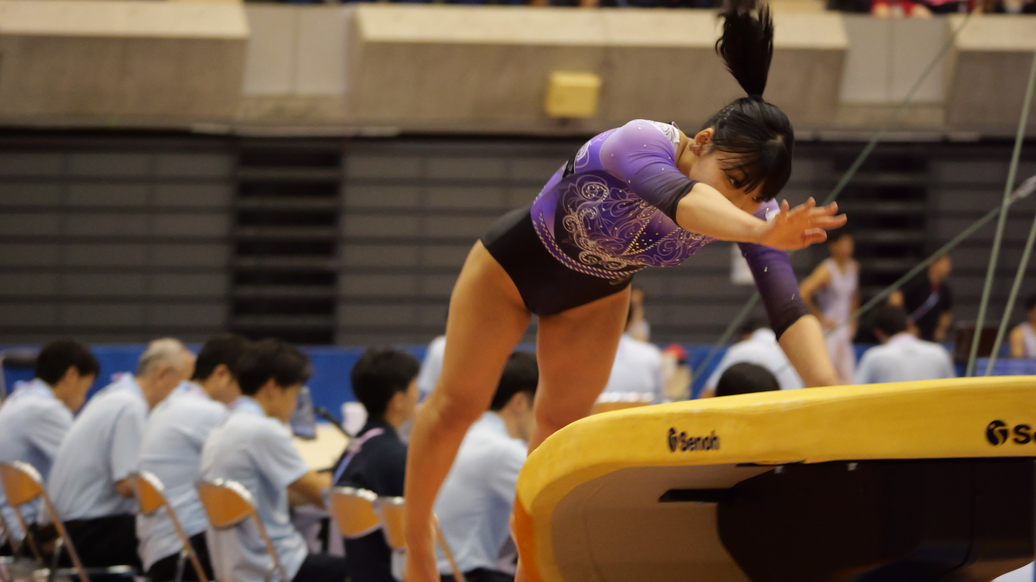紫色のレオタードを着た選手が女子跳馬で演技する場面